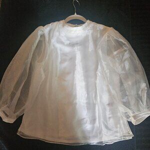 White Sheer Organza Med Blouse High Mock Neckline White Undergarment Beneath